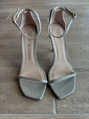 Stuart Weitzman Shimmery Light Silver Open-Toe Ankle-Strap Heels